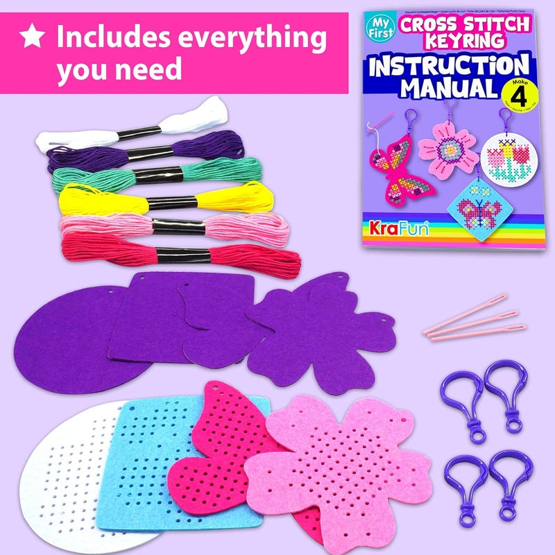 KRAFUN Cross Stitch Kits for Kids Beginners, 4 Cross Stitching Keyrings Arts & Crafts with Butterfly and Flower, Needlepoint Embroidery Kit for Girls 5-13 Craft Kit Backpack Charms, Ornaments - Image 2